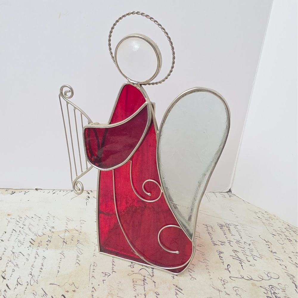 Red Stained Glass Angel Playing Harp Votive Candle Holder Holiday Decor